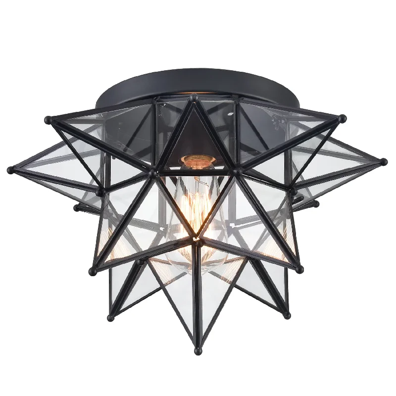 Industrial Lighting with High CRI (Color Rendering Index) for True Color PerceptionMoravian Star Flush Mount Ceiling Light, 15-Inch, Black, Transparent
